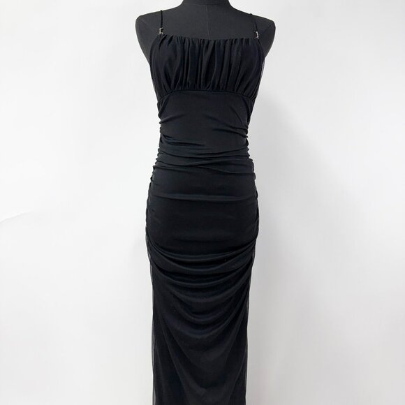 VINTAGE 90S STYLE BLACK RUCHED LONG MAXI DRESS - Picture 3 of 14